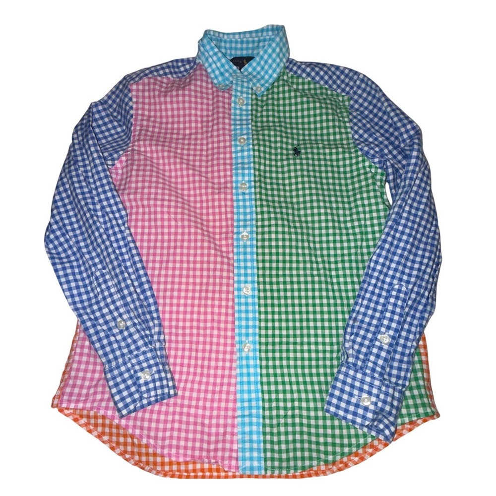 Ralph Lauren Shirt M 10-12 Multicolor Gingham Fun Shirt Colorblock Preppy Ivy